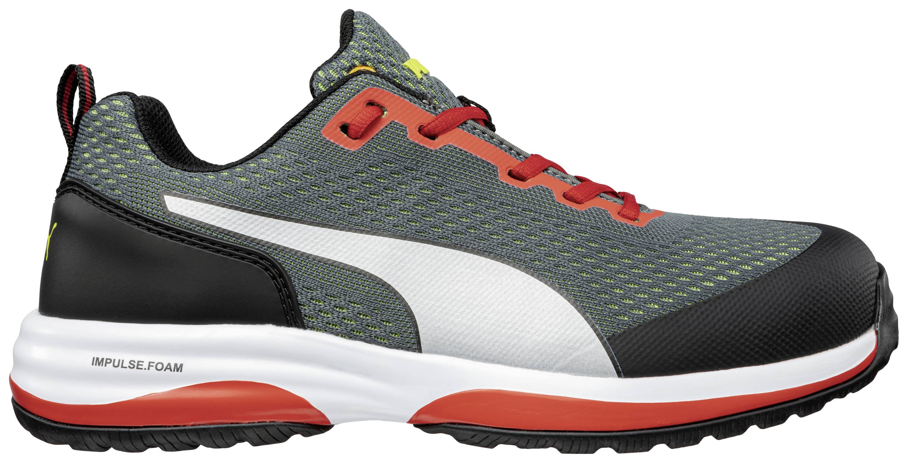 Ein sportlicher Sneaker in Grau mit roten und schwarzen Details. Die Sohle ist weiß mit einer Aufschrift 'IMPULSE.FOAM'.
