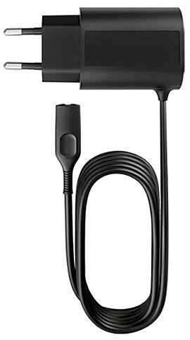 Schwarzes Ladegerät mit EU-Stecker und langem Kabel. Geeignet für elektronische Geräte.