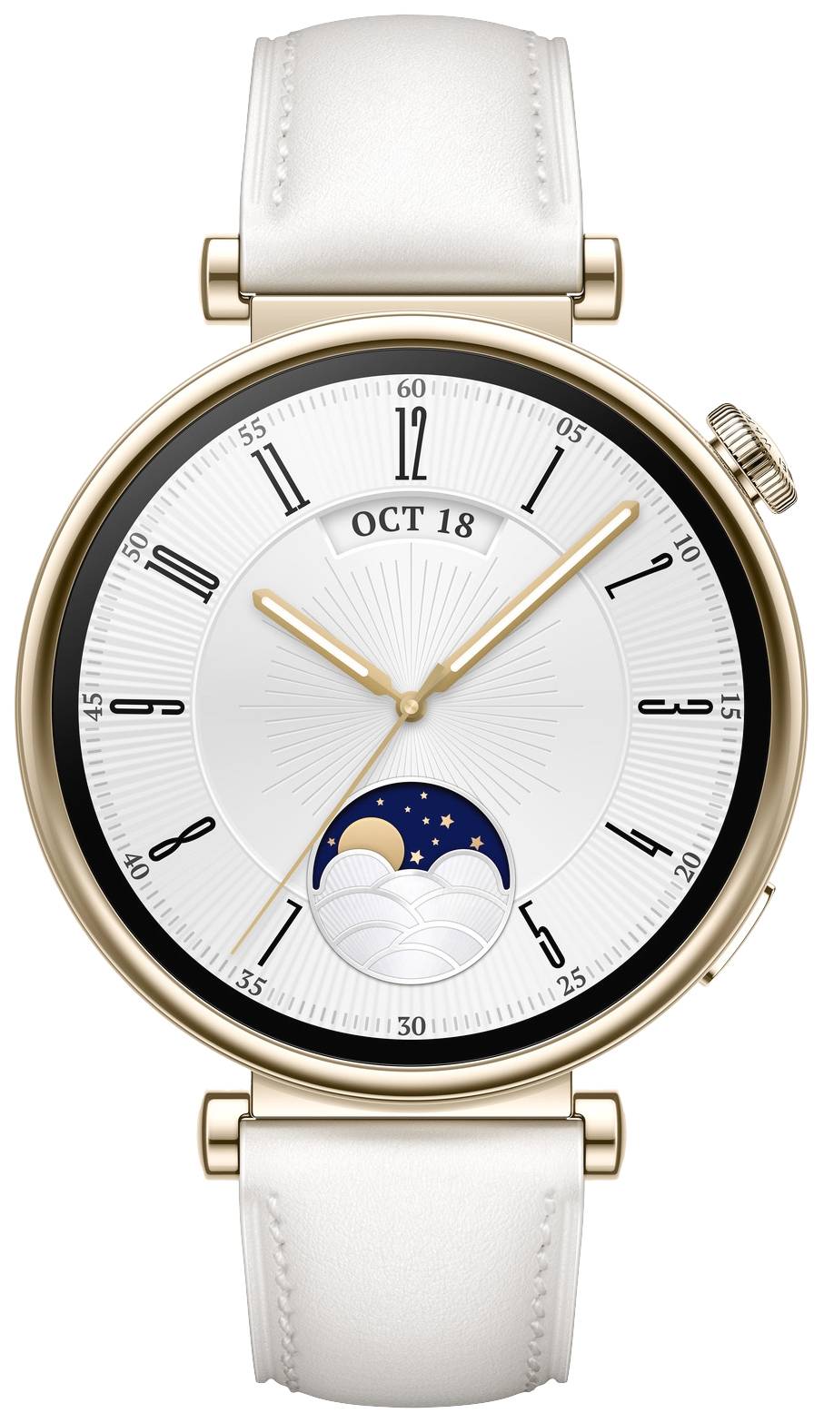 Runde Armbanduhr mit weißem Zifferblatt und goldenen Details. Zeigt das Datum 'OCT 18' oben, mit Mondphasenanzeige unten.