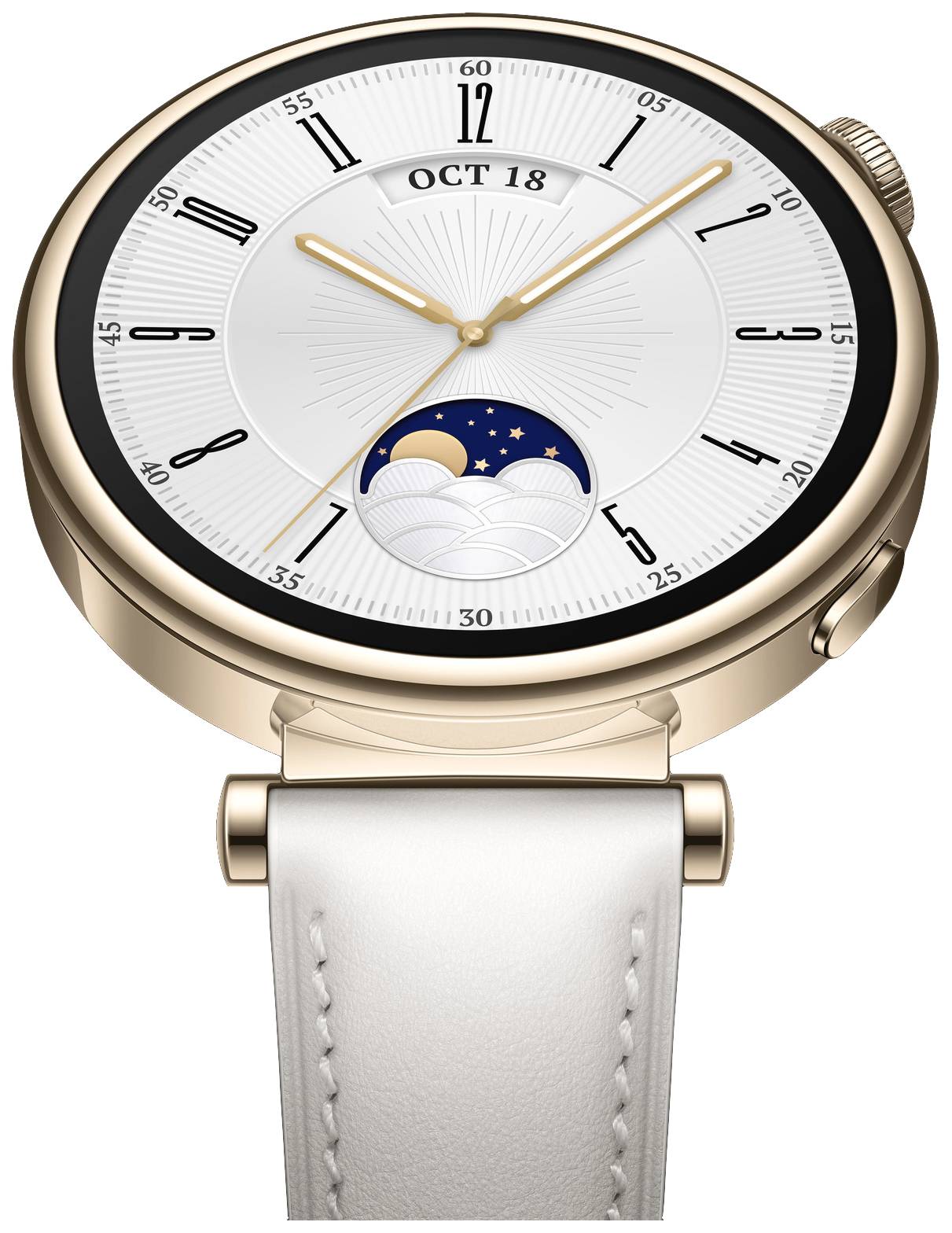 Luxuriöse goldene Armbanduhr mit weißem Zifferblatt, Datumsanzeige '18. Oktober' und kleinem Nachtmotiv mit Mond und Sternen.