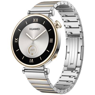 Eine elegante silberne Smartwatch mit rundem Zifferblatt und goldenem Rand, zeigt eine Temperatur von 24°C an.