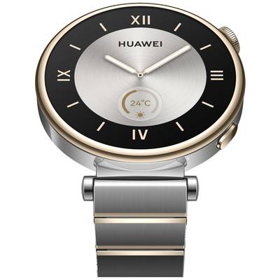 Eine runde Smartwatch mit goldfarbenem Rand und silbernem Armband zeigt die Uhrzeit mit römischen Ziffern und das Wetter an.