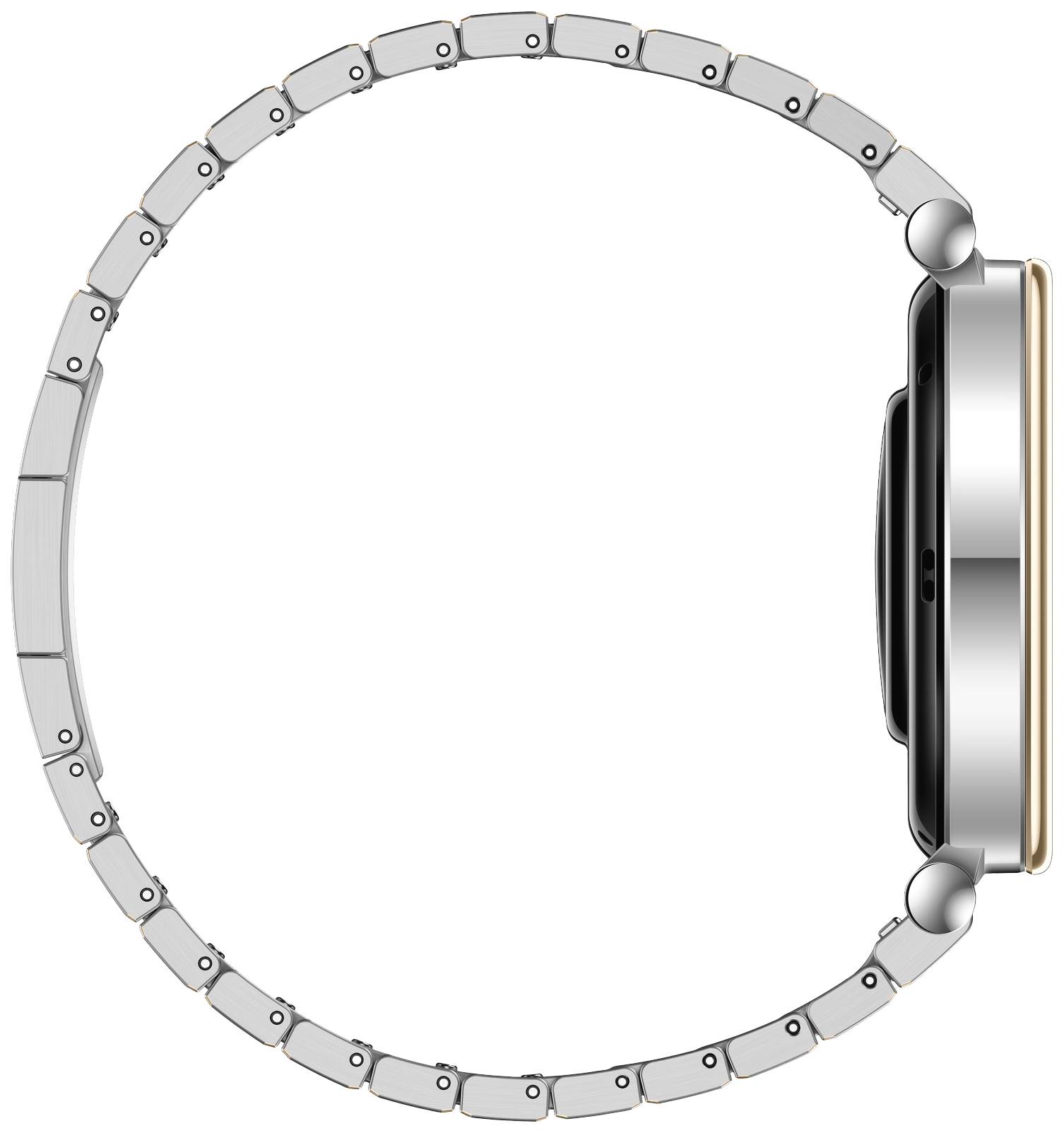 Eine flache, runde Smartwatch in Silber mit einem Metallarmband, von der Seite gesehen.