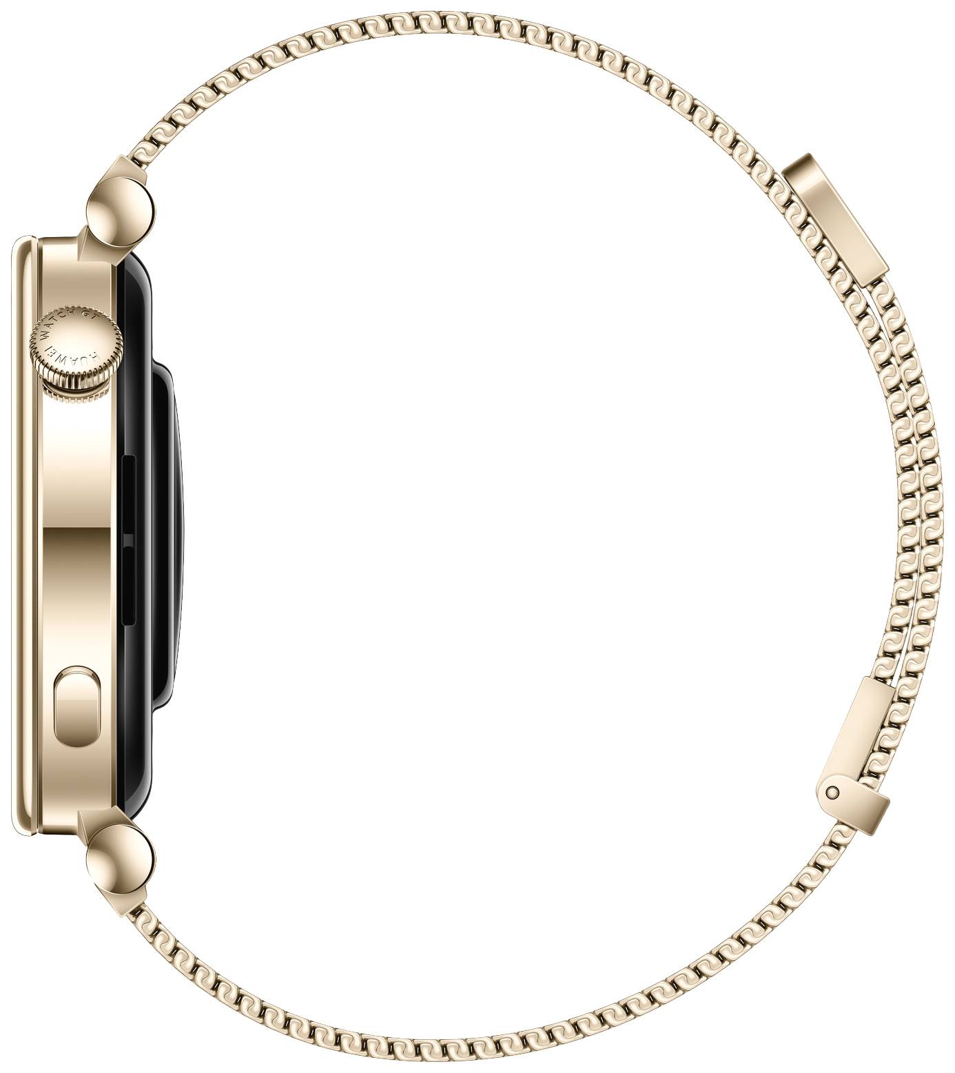 Eine goldfarbene Smartwatch von der Seite mit Metallarmband, zeigt das Ziffernblatt nicht, Fokus auf Design und Seitenknöpfe.