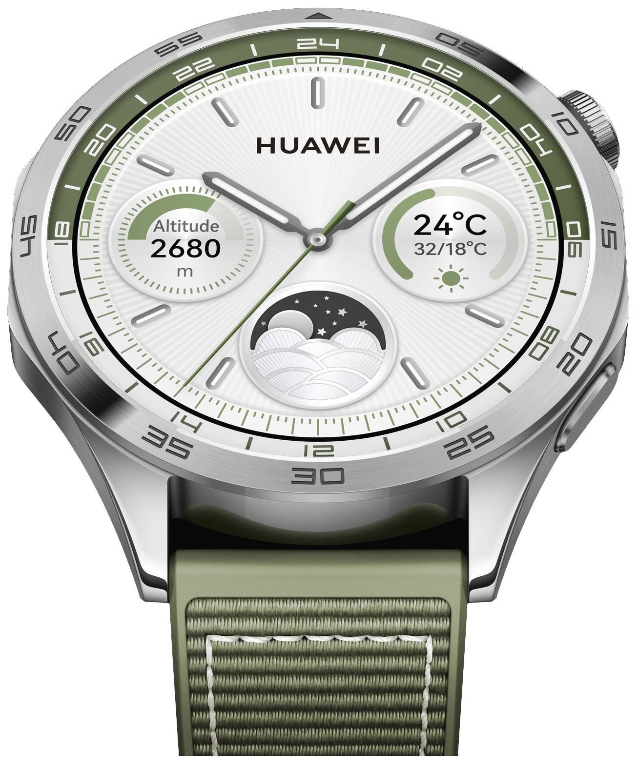Eine Huawei-Smartwatch zeigt Uhrzeit, Höhe von 2680 m und Temperatur 24 °C an. Uhr hat grünes Ziffernblatt und Armband.