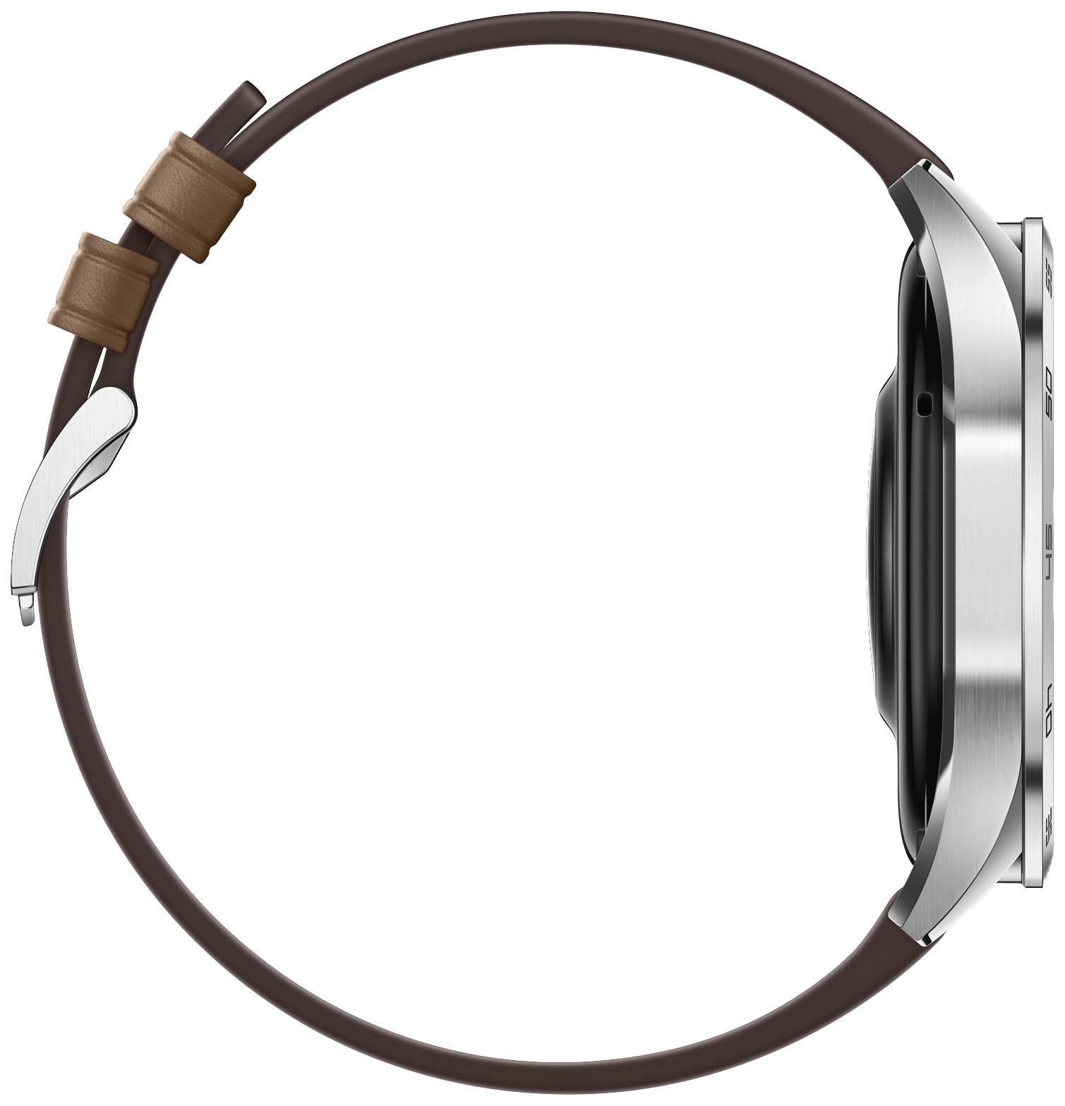 Eine Smartwatch von der Seite mit einem braunen Lederarmband und einem silbernen Gehäuse.