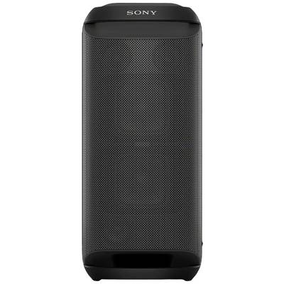 Ein schwarzer Sony-Lautsprecher, vertikal ausgerichtet, zeigt das Firmenlogo oben. Das Design ist schlicht und modern.