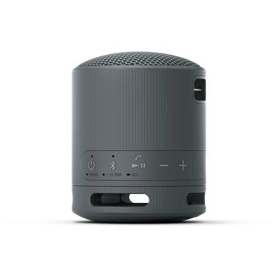 Schwarzer, zylindrischer Bluetooth-Lautsprecher mit Bedienknöpfen an der Seite für Lautstärke- und Wiedergabesteuerung.