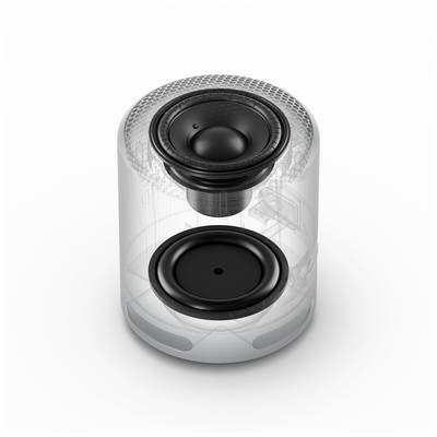 'Transparenter Lautsprecher mit zwei sichtbaren Treibern übereinander platziert. Moderne Technik für klaren Sound.'