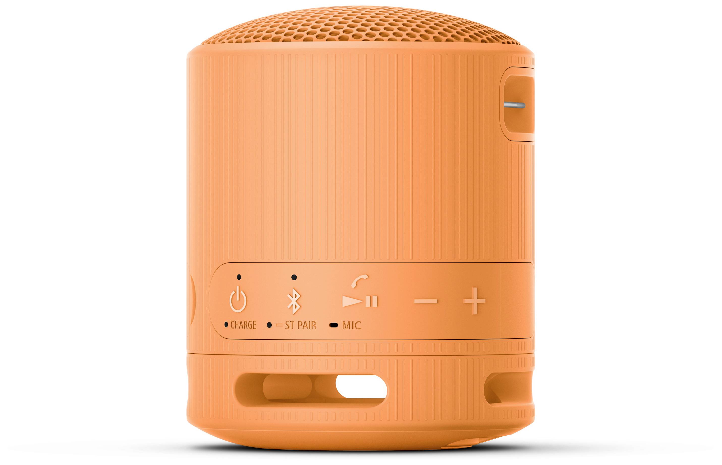 Orangefarbener Bluetooth-Lautsprecher mit Lautstärketasten und Anzeigeleuchten; tragbares, zylinderförmiges Design.