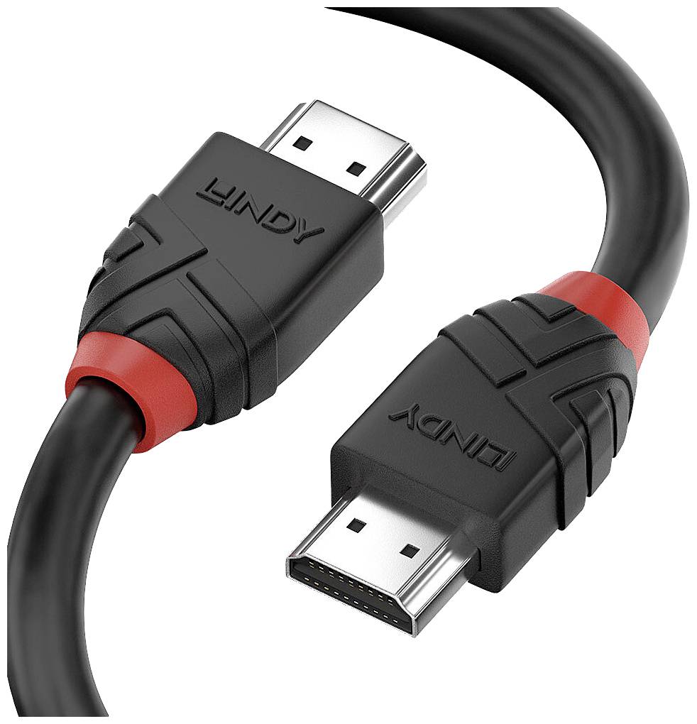 Zwei schwarze HDMI-Kabel mit roten Ringen liegen nebeneinander. Sie haben jeweils einen Stecker an einem Ende.