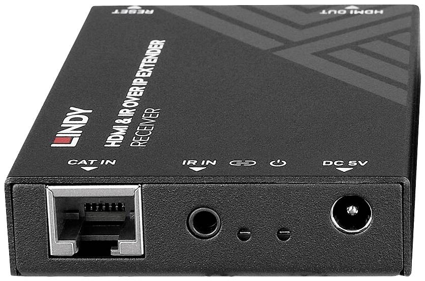HDMI- und IR-Extender-Empfänger von Lindy mit Anschlüssen für CAT-In, IR-In und DC 5V. Vormontiert in einem schwarzen Gehäuse.