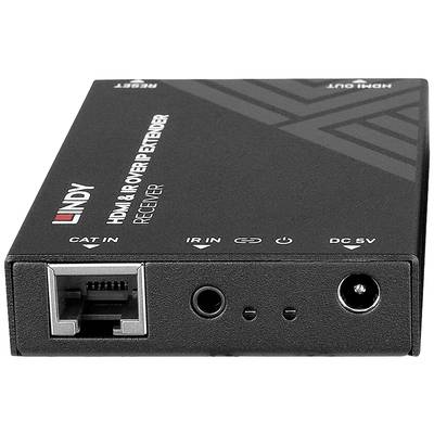 HDMI- und IR-Extender-Empfänger von Lindy mit Anschlüssen für CAT-In, IR-In und DC 5V. Vormontiert in einem schwarzen Gehäuse.