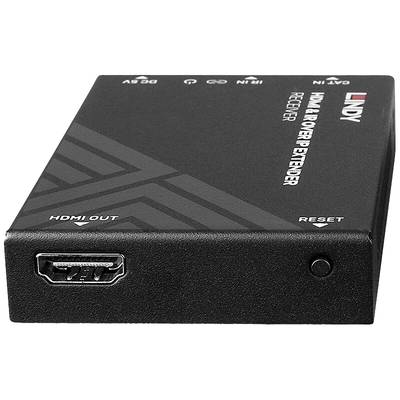 Schwarzes HDMI & IR over IP Extender-Empfängergerät von Lindy mit HDMI-Ausgang und Reset-Taste, verwendet zur Signalübertragung.