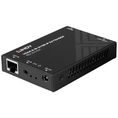 Schwarzer HDMI- und IR-über-IP-Empfänger mit mehreren Anschlüssen, darunter CAT 5/6 und IR, zur Audio- und Videoübertragung.