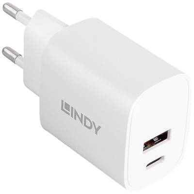 Weißes USB-Ladegerät mit zwei Steckern und 'LINDY'-Logo, geeignet für europäische Steckdosen.