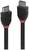 'Schwarzes HDMI-Kabel mit roten Akzenten; linker Anschluss beschriftet mit LINDY, rechter mit HDMI. Hochwertige Verbindungsoption für Video und Audio.'