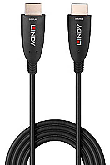 Ein schwarzes HDMI-Kabel mit Steckern. Auf den Steckergehäusen steht 'LINDY'.