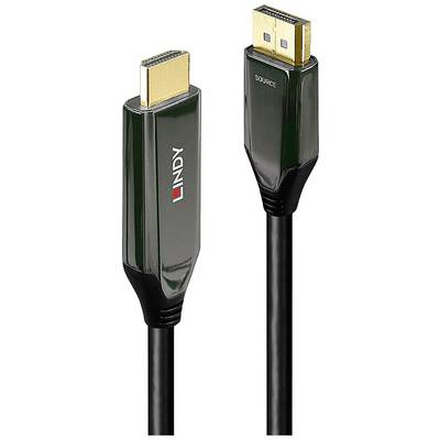 'HDMI-/DisplayPort-Kabel von Lindy' mit zwei Steckertypen: links HDMI, rechts DisplayPort, glänzend schwarz, hervorgehobene Kontakte.