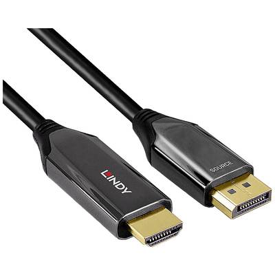 HDMI-zu-DisplayPort-Kabel mit schwarzer Ummantelung und goldenen Anschlüssen. Markenname 'Lindy' auf einem der Stecker.