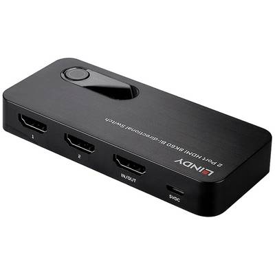 Ein HDMI-Schalter von Lindy mit zwei HDMI-Eingängen, einem Ausgang sowie einer IN/OUT-Anzeige und Stromversorgung über 5V DC.
