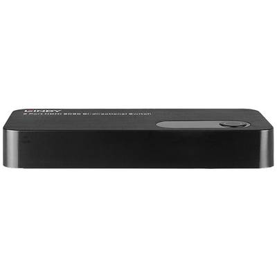 Flacher, schwarzer HDMI-Schalter mit einem Knopf oben rechts, für das Umschalten zwischen zwei HDMI-Quellen.