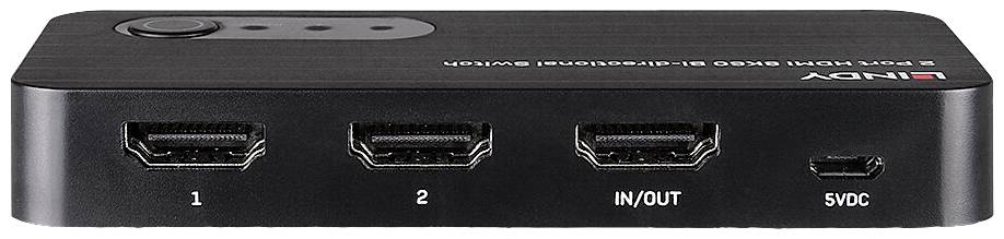 '3-Port HDMI KVM Switch' mit Anschlüssen: drei HDMI-Anschlüsse, ein USB-C-Anschluss für Strom (5VDC). Schwarz, rechteckig.
