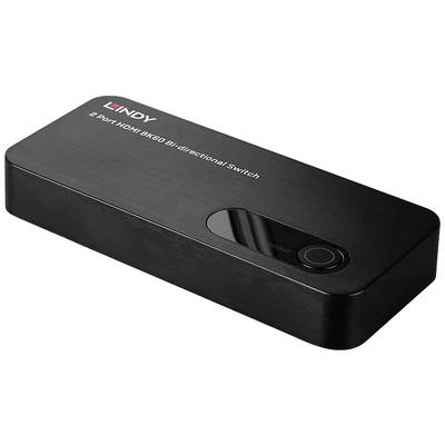 Schwarzer HDMI-Umschalter mit zwei Anschlüssen, Markenname 'Lindy' oben links.
