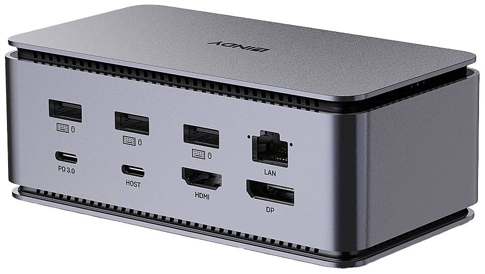 Ein grauer Computer-Dockingstation mit Anschlüssen: PD 3.0, USB-Host, HDMI, DP und LAN.