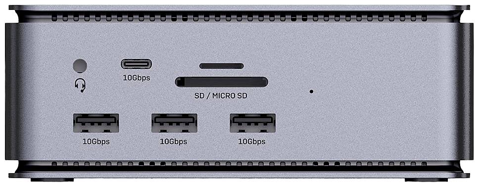 Ein kompakter Computer mit mehreren Anschlüssen vorne: SD/MicroSD-Kartenleser, USB-C und drei USB-A-Ports, alle mit 10Gbps.
