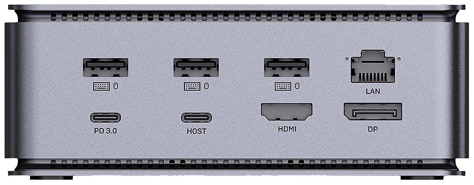 Rückseite eines elektronischen Geräts mit Anschlüssen: zwei USB, LAN, zwei USB-C (PD 3.0 und Host), HDMI, DisplayPort.