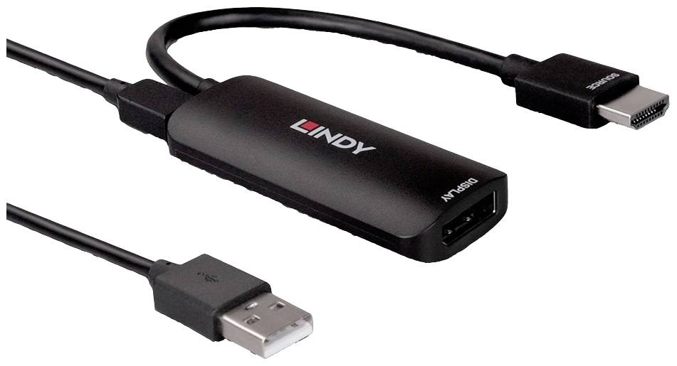 Schwarzes HDMI-Display-Adapterkabel mit USB-Anschluss, Marke 'Lindy'.