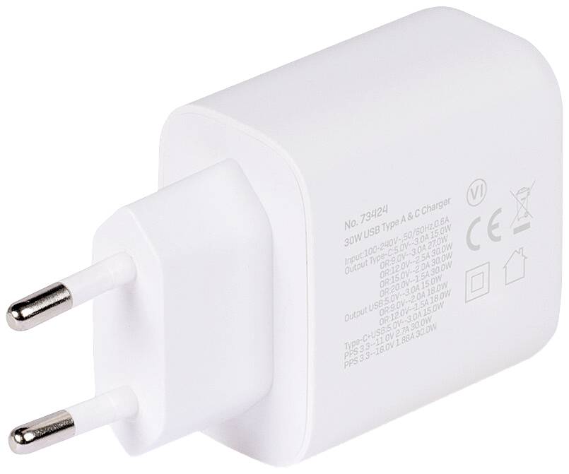 Ein weißes USB-Ladegerät mit europäischem Stecker, geeignet für Typ A und C. Unterstützt 30W Leistung mit variabler Stromstärke.