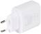 Ein weißes USB-Ladegerät mit europäischem Stecker, geeignet für Typ A und C. Unterstützt 30W Leistung mit variabler Stromstärke.