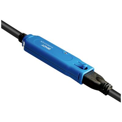 Ein blauer Inline-USB-Verstärker, angeschlossen an ein schwarzes USB-Kabel, verbessert die Datenübertragung zwischen Geräten.