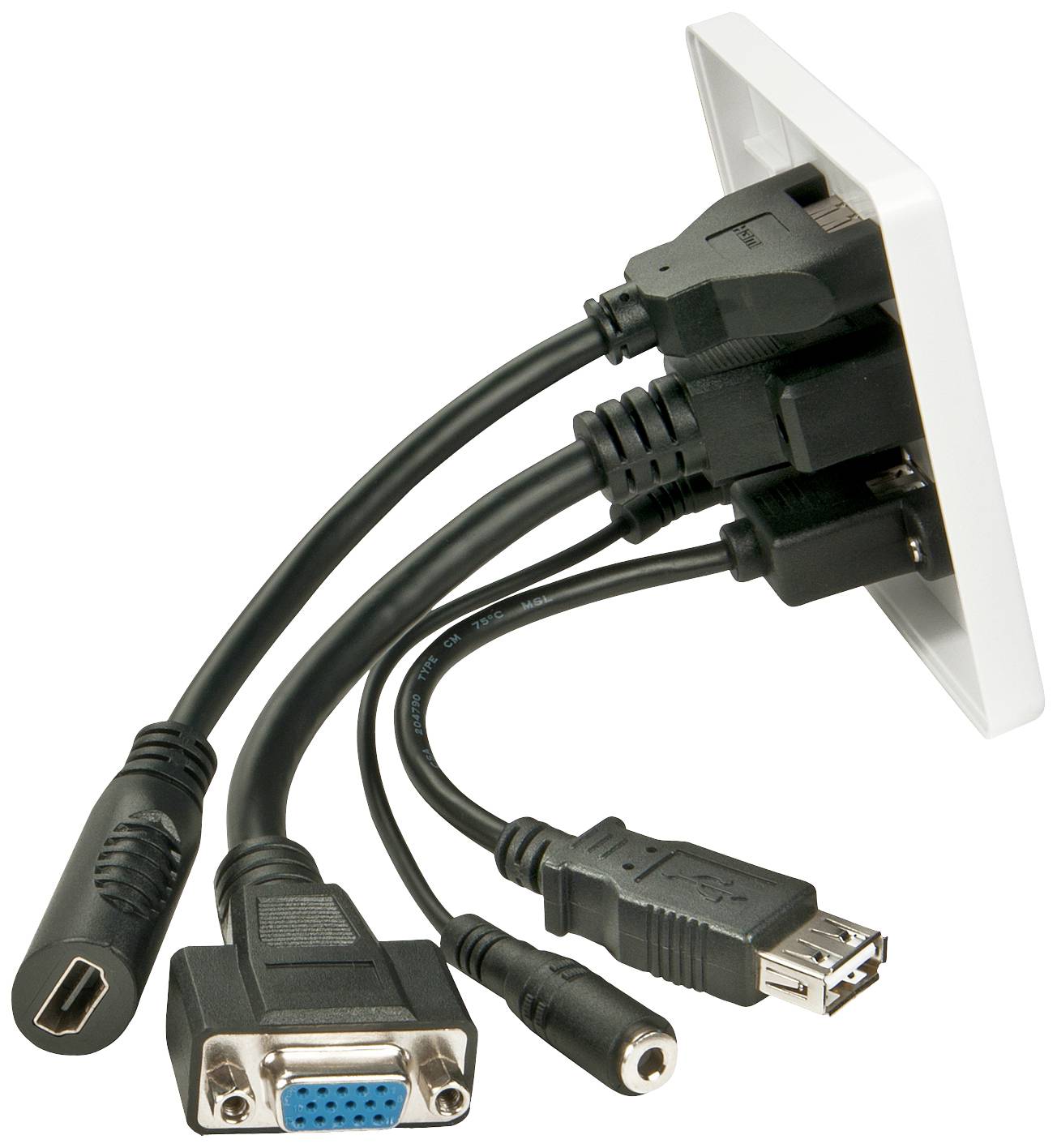 Ein Wandanschlussfeld mit mehreren Anschlusskabeln: HDMI, VGA, USB und Audiokabel, die aus einer weißen Wandplatte herausragen.