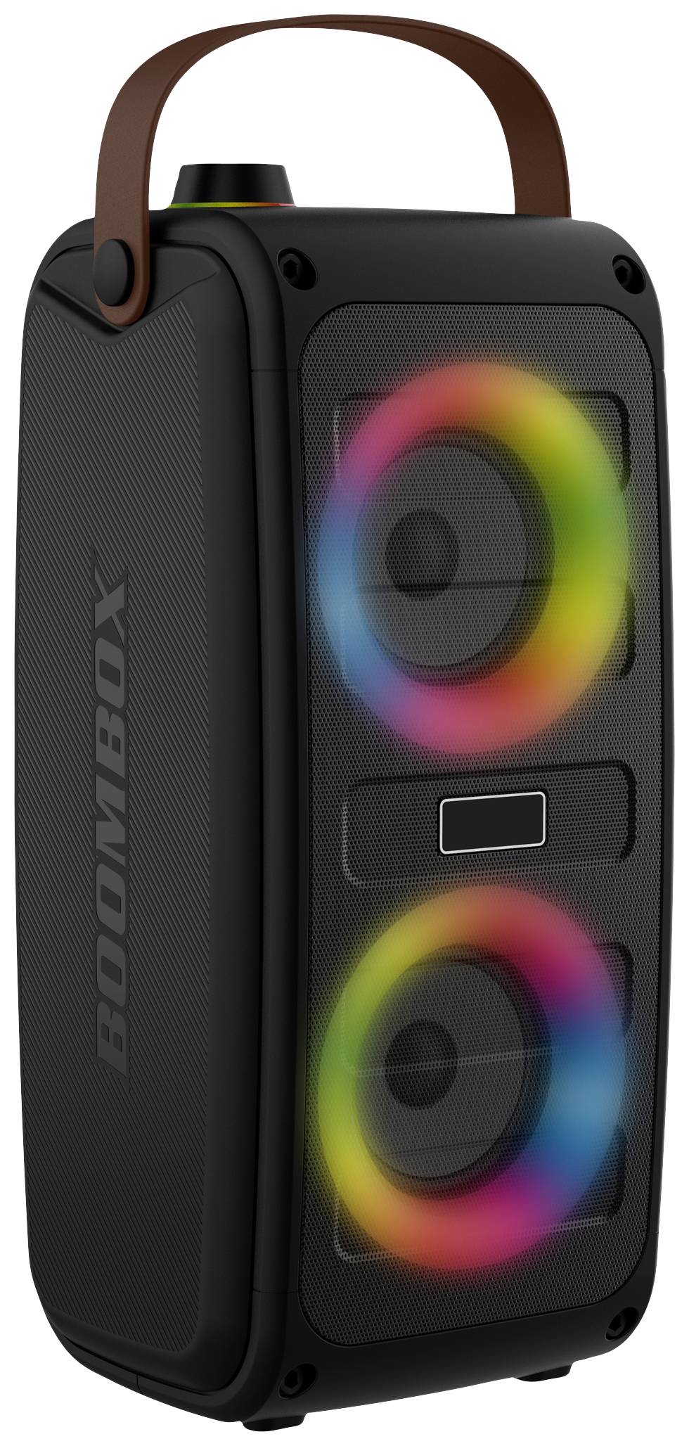Tragbarer Lautsprecher mit LED-Lichtringen um die Lautsprecher. Dunkles Gehäuse mit Ledergriff, stilvoll und modern gestaltet.