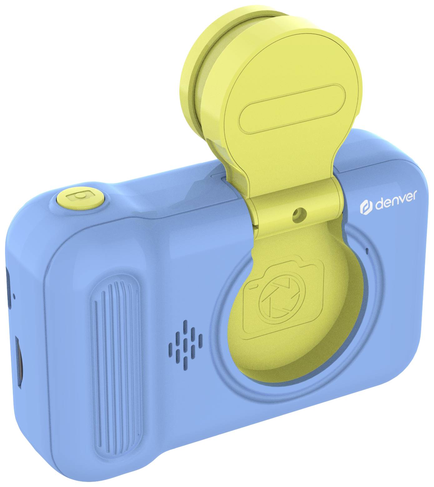 Blaue Kinderkamera mit grünem Zielrohr oben, Markenname 'denver' seitlich sichtbar.