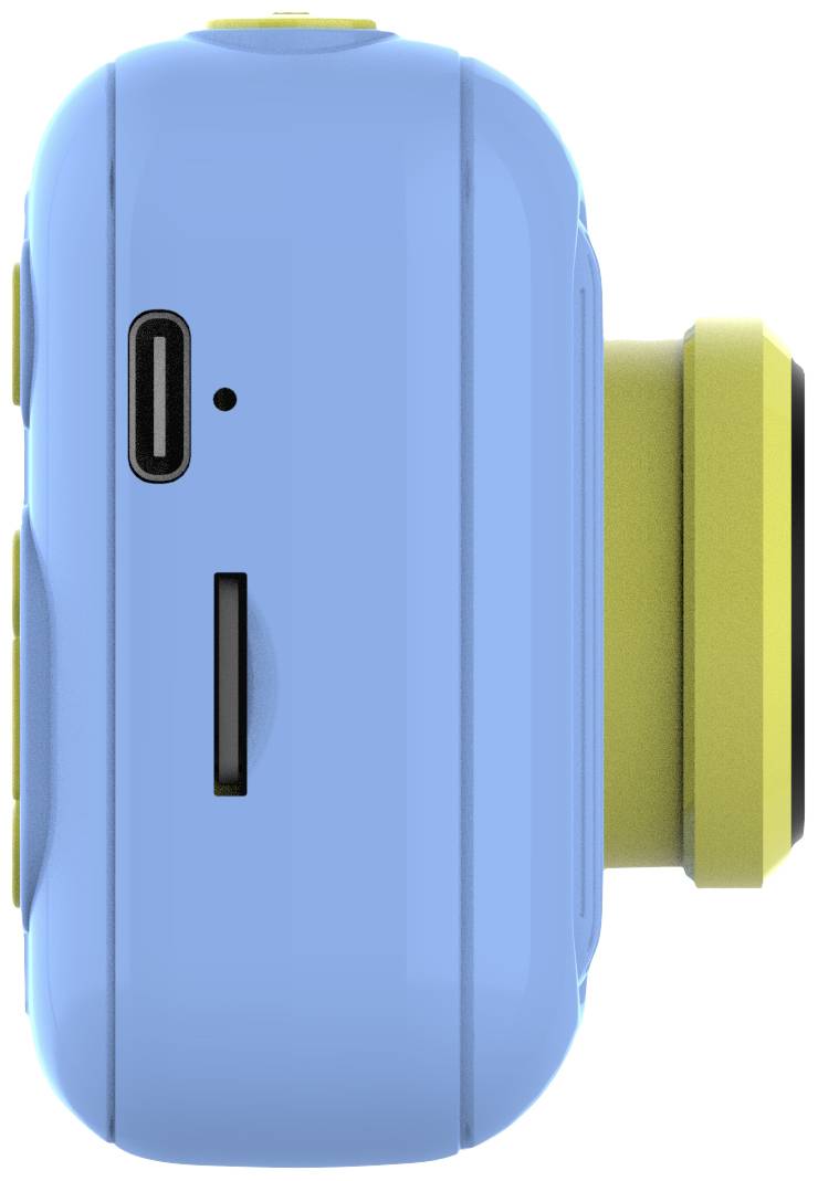Eine kompakte, blaue Kamera von der Seite mit gelbem Objektiv und Schnittstellen für USB und SD-Karte.