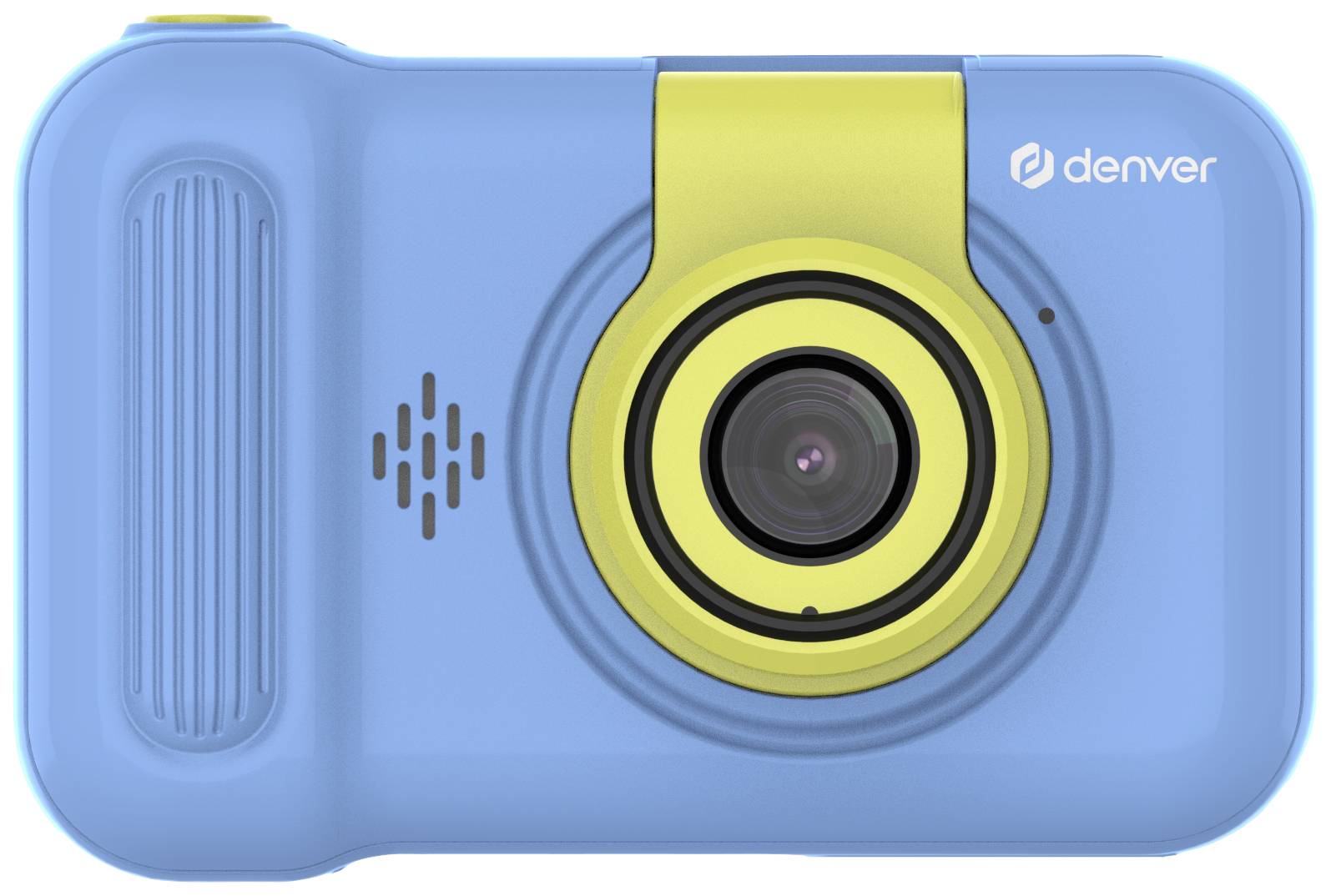 Blaue Kinderkamera mit gelbem Objektivring und Logo der Marke 'Denver' in der Ecke, zeigt Fokus auf kindgerechtes Design.