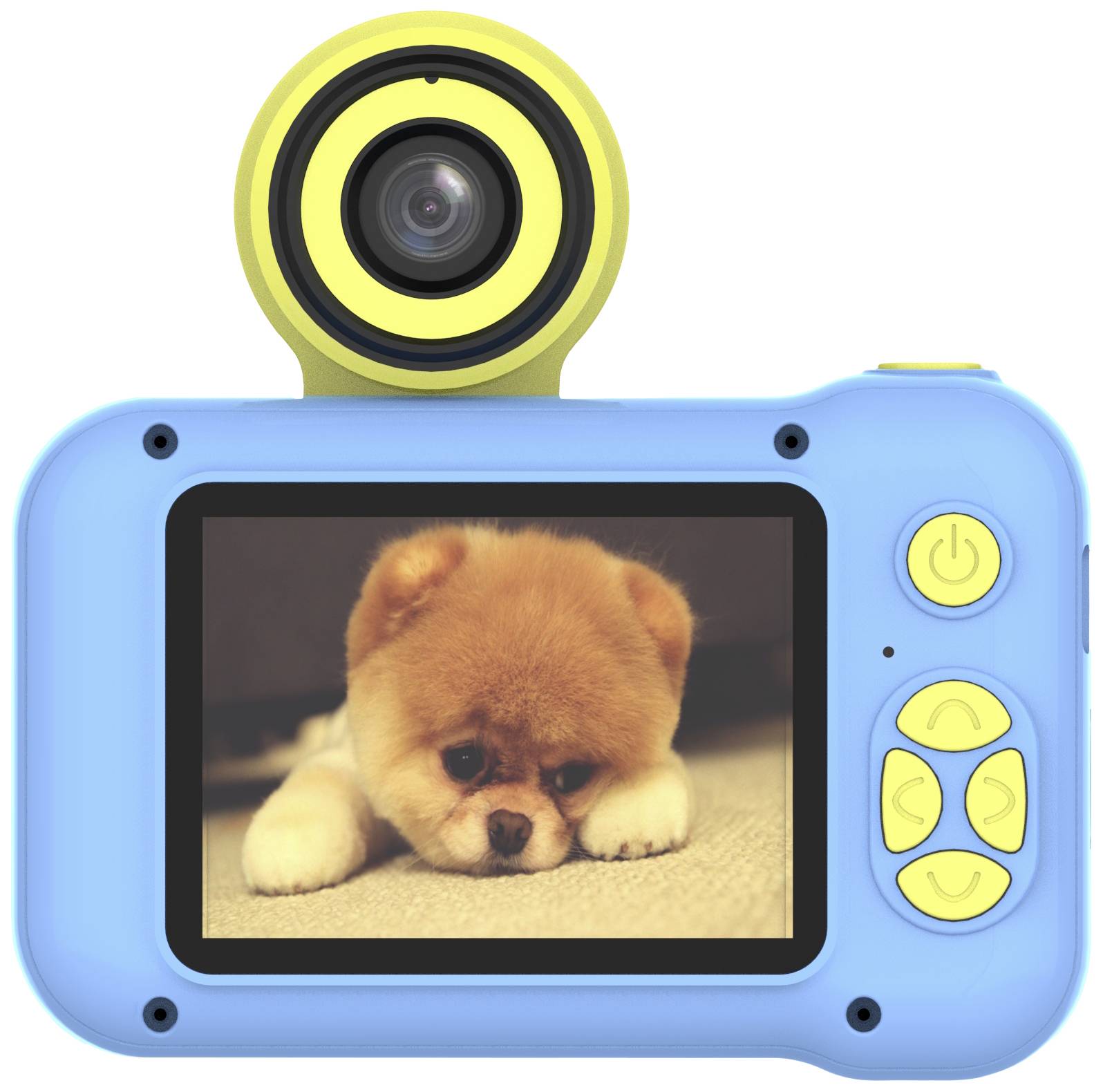 Blaue Kinderkamera mit gelbem Objektiv. Auf dem Bildschirm wird ein flauschiger Hund gezeigt, der niedlich auf einem Teppich liegt.