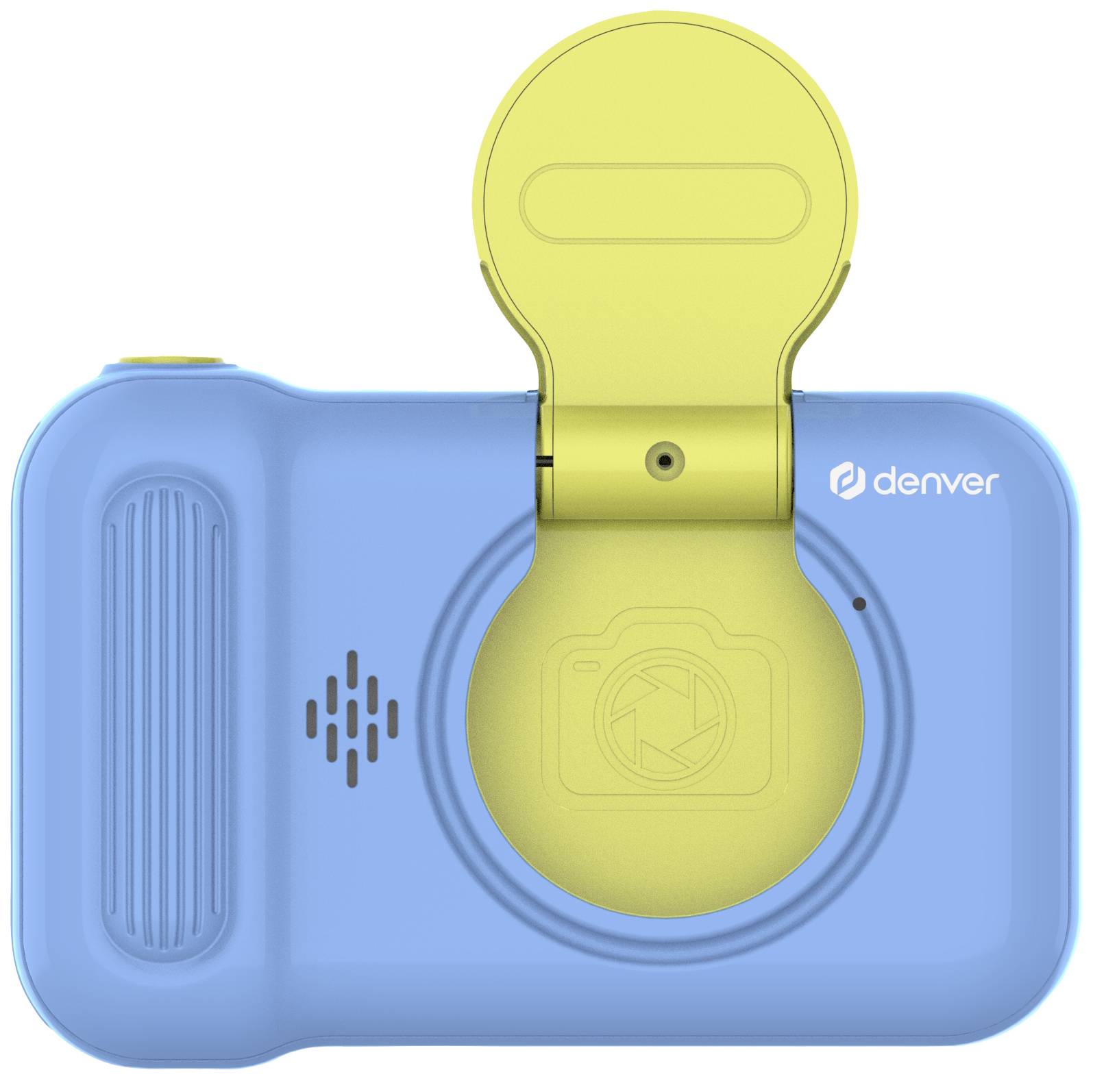 Blaue Kinderkamera mit einer gelben Klappe auf der Rückseite, Logo des Herstellers 'denver' in der Ecke, gestaltet für einfache Handhabung.
