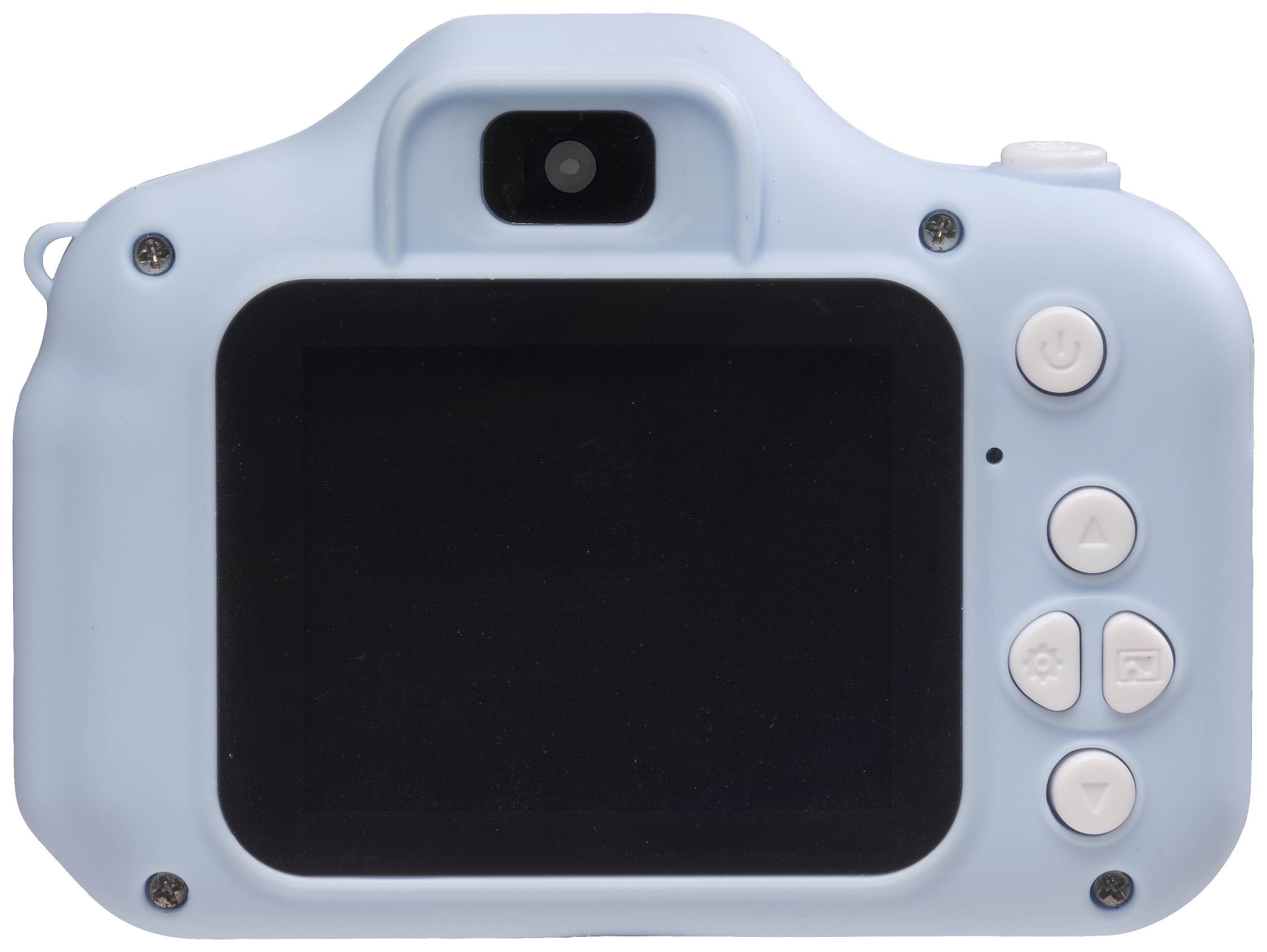 Rückseite einer blauen Kamera mit Display und fünf runden Tasten.