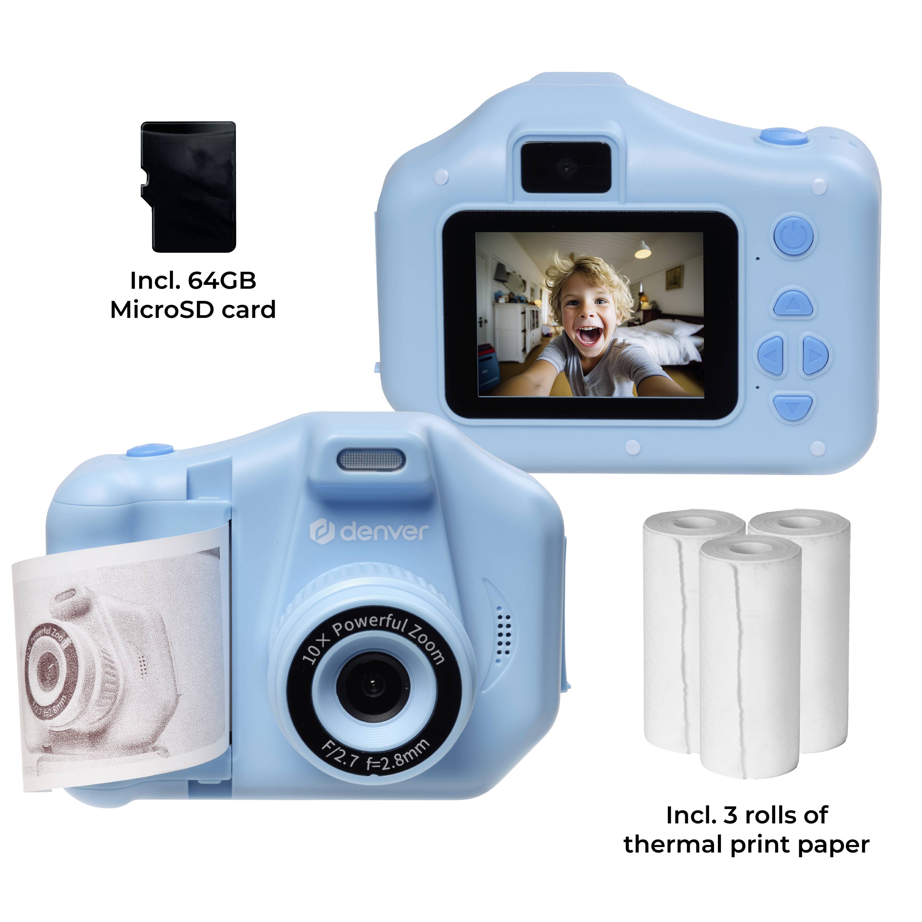Blaue Digitalkamera mit Kinderfoto auf dem Bildschirm. Inklusive 64GB MicroSD-Karte und drei Rollen Thermodruckpapier.