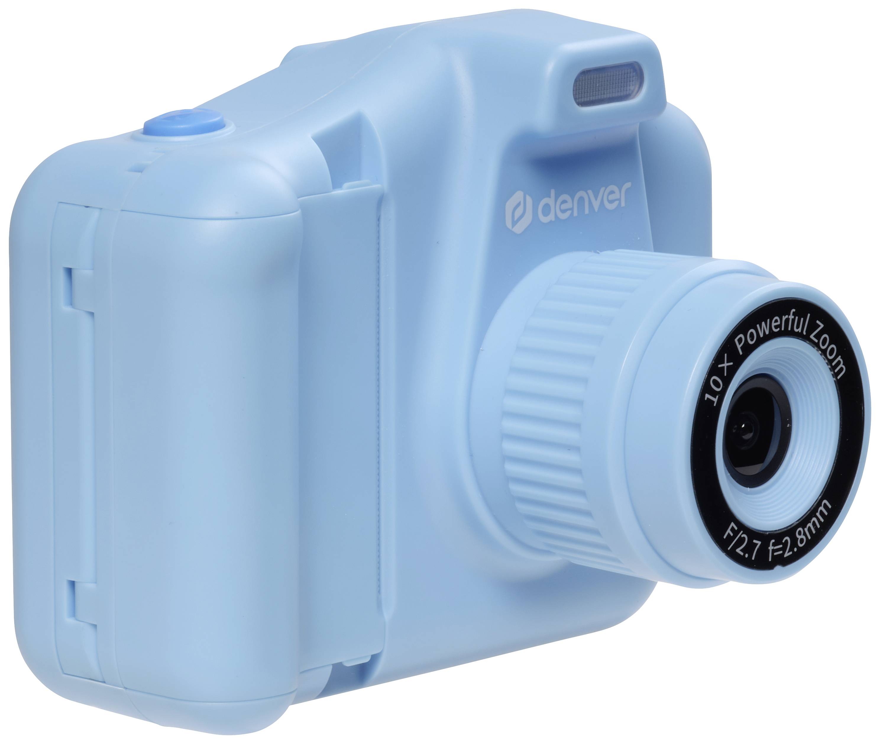 Blaue Kinderkamera mit 10-fachem Zoomobjektiv, geeignet für einfache Fotografie und kinderfreundlich im Design.