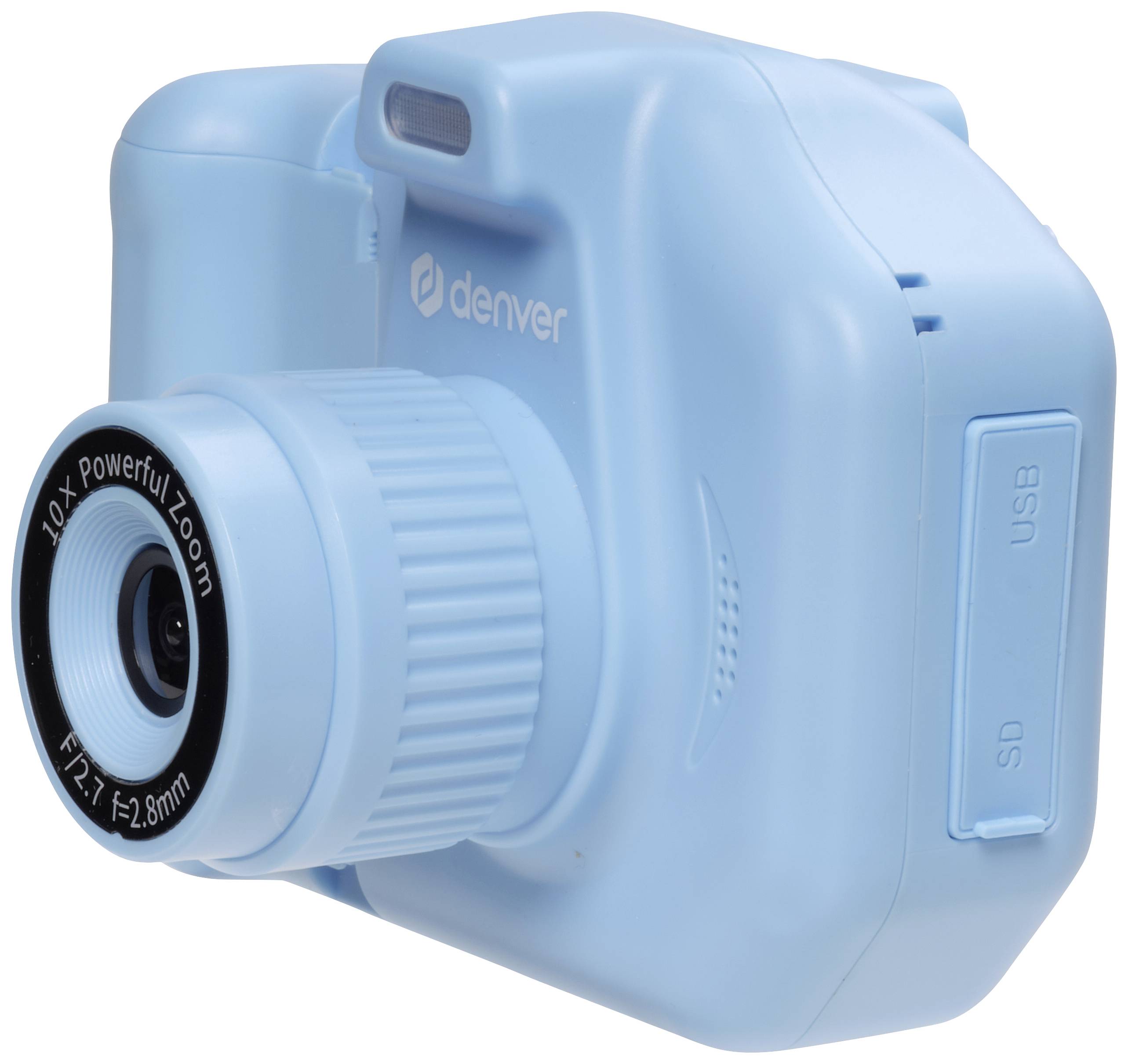 Blaue digitale Kamera mit einem Objektiv und zwei Anschlussmöglichkeiten (SD, USB) auf der Seite; Marke 'denver' sichtbar.