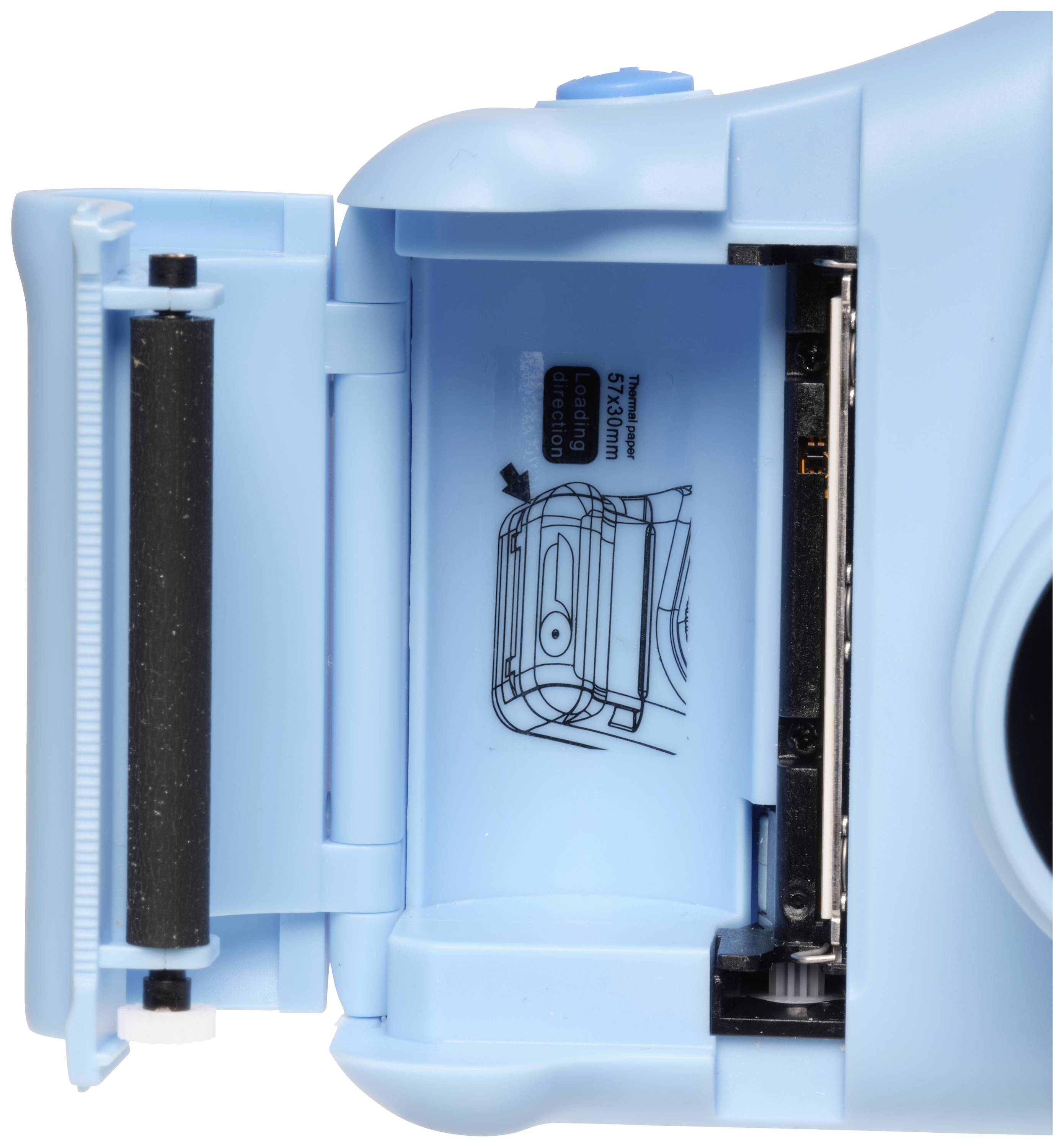 Geöffnete blaue Sofortbildkamera zeigt das leere Filmfach.