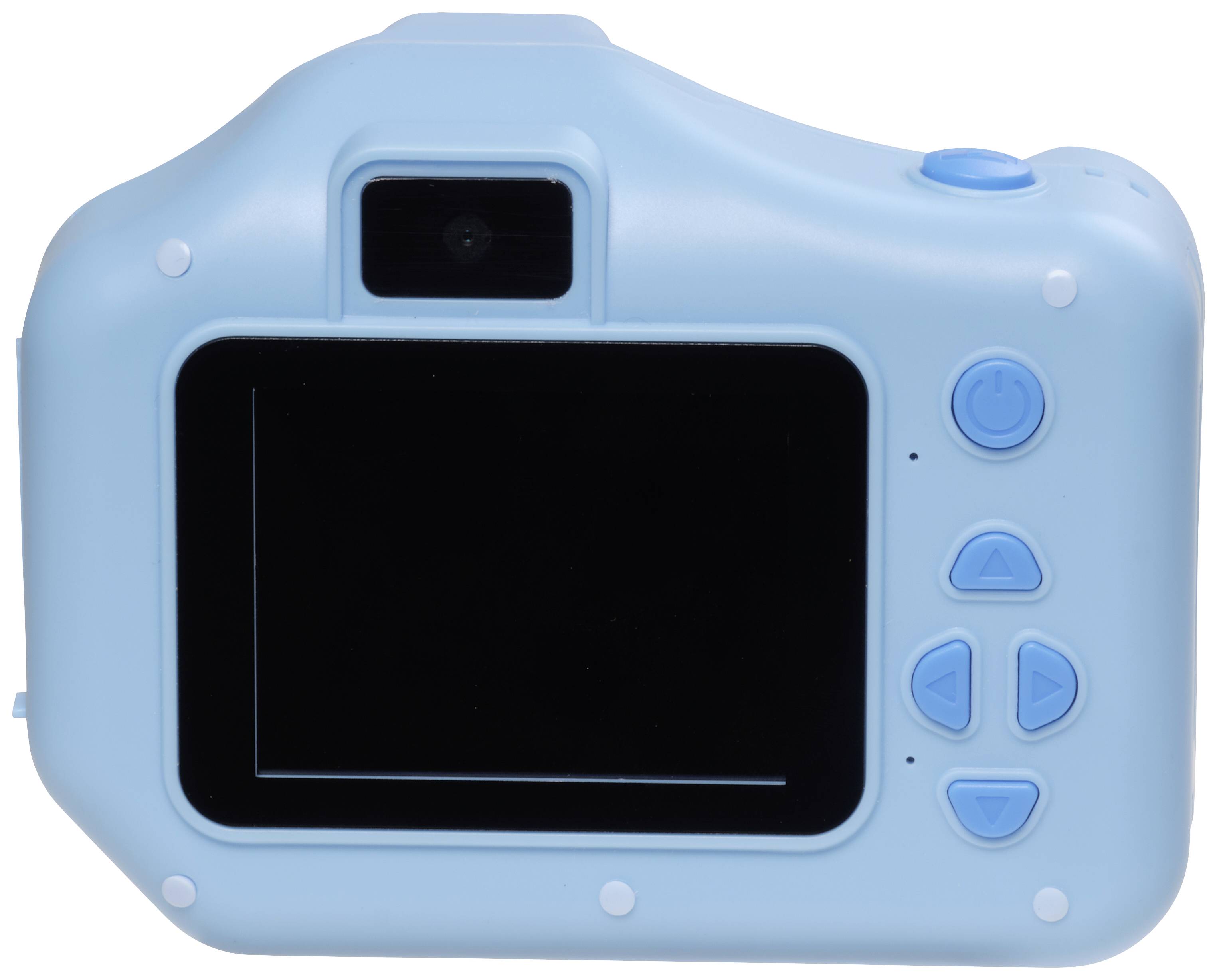 Rückseite einer blauen Kamera mit Bildschirm und Bedientasten.