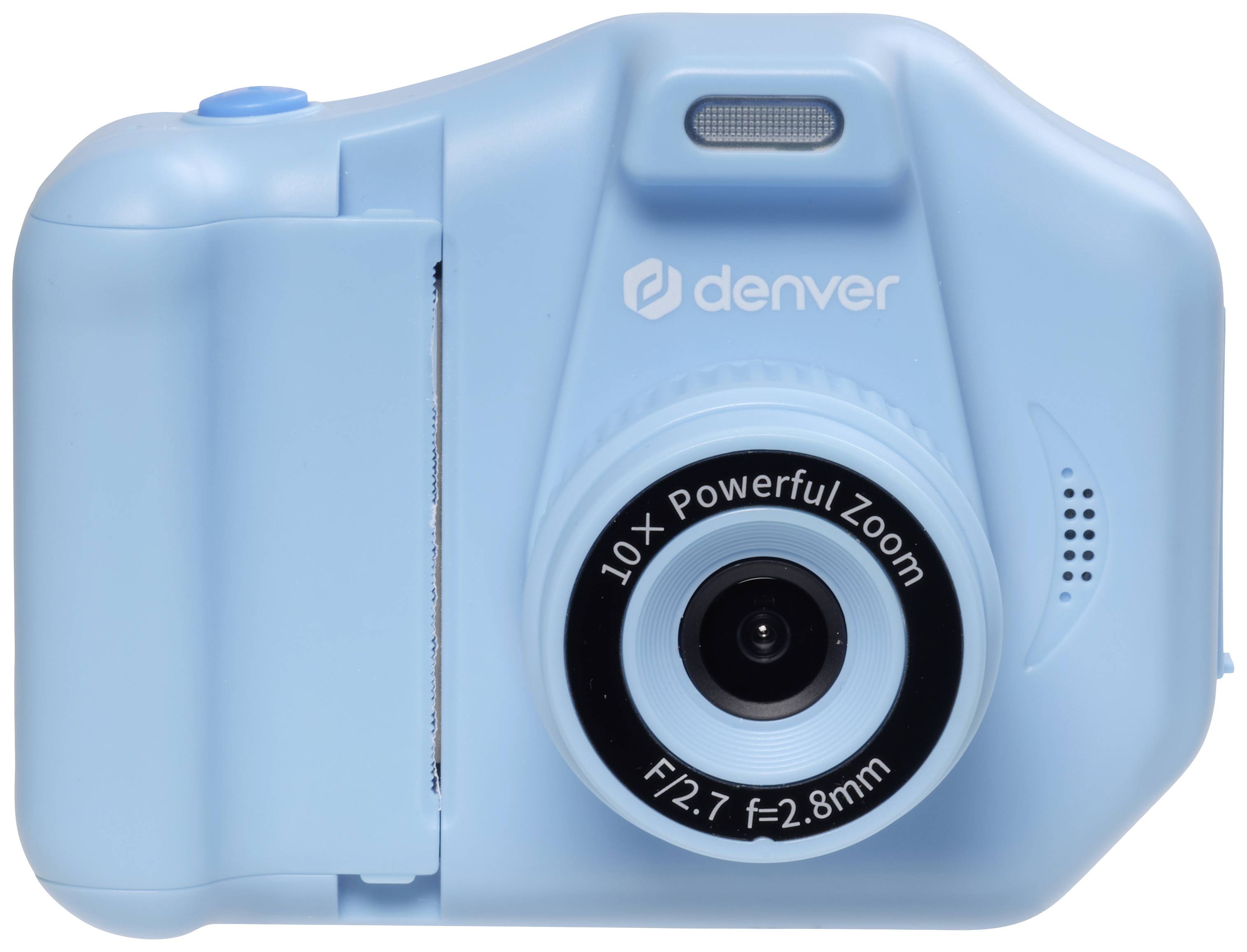 Blaue Kinderkamera mit 10x Zoom und Objektivaufschrift 'F/2.7 f=2.8mm'.