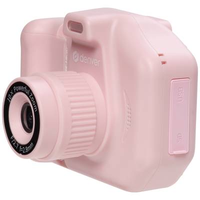 Eine rosa Kamera mit Objektiv und SD-Karten- sowie USB-Anschluss an der Seite, geeignet für einfache Fotografie.